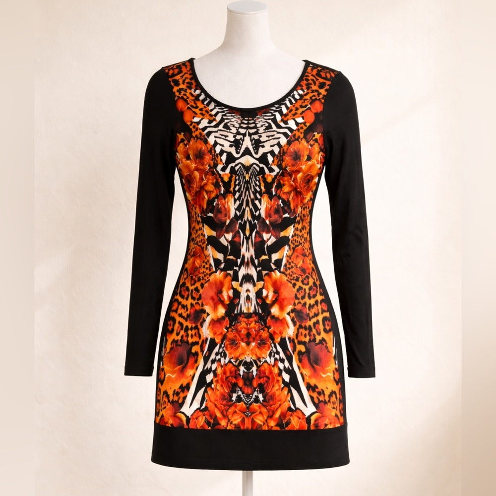 Roberto Cavalli Black and Orange Floral Mini Dress